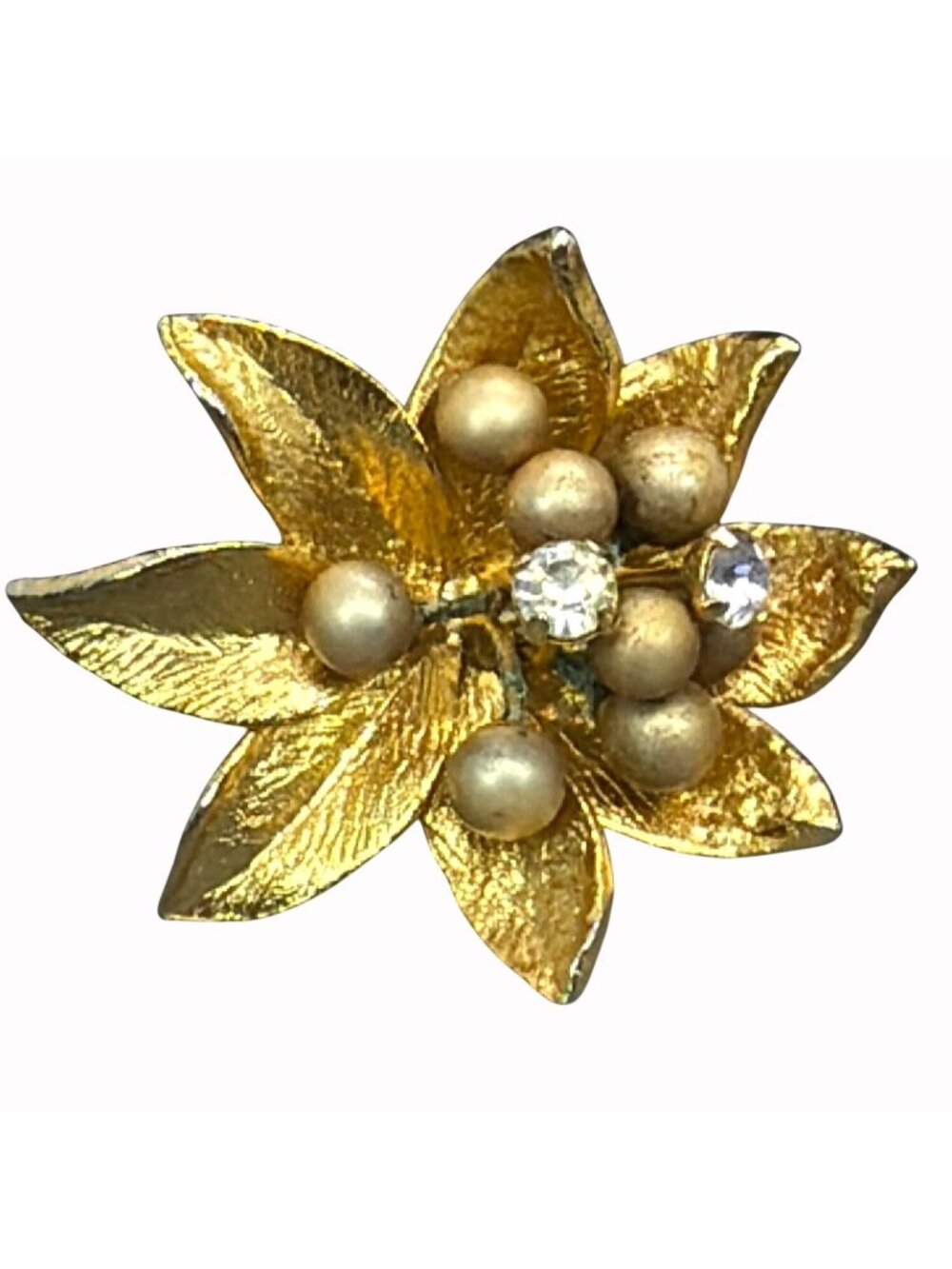 3D Floral Clip On Earrings 50s MCM Faux Pearl Rhinestone Layered Flower Vintage